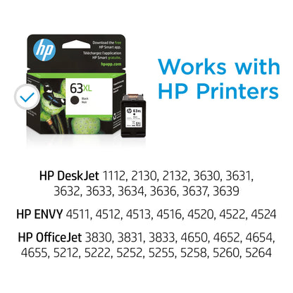 HP 63XL Black High-Yield Printer Ink Cartridge for HP Printers | Works with DeskJet 1112, 2130, 3630;ENVY 4510, 4520; OfficeJet 3830, 4650, 5200 | Eligible for Instant Ink | F6U64AN