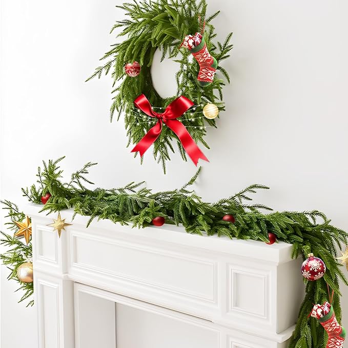 9 Ft 2 Pcs Norfolk Pine Christmas Garland - Artificial Faux Pine Needles Real Touch Winter Garland - Indoor/Outdoor Holiday Greenery Garlands for Fireplace Mantle, Staircase, Window Decor