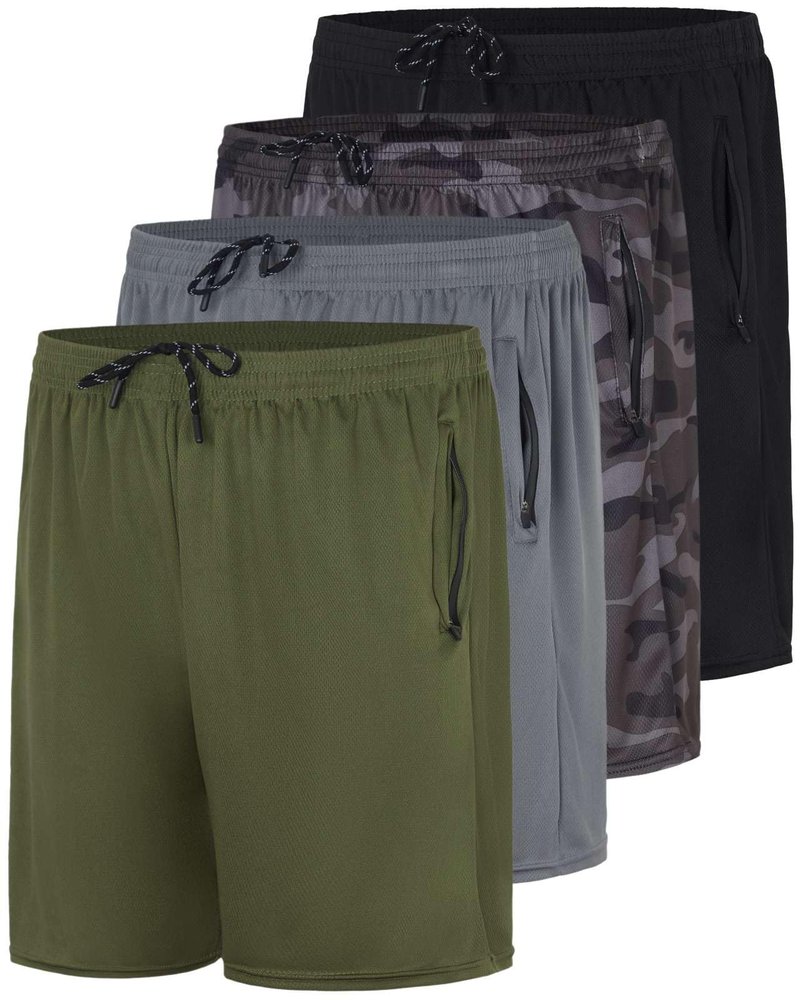 Real Essentials 4 Pack: Men's Mesh 7" Athletic Zipper Shorts Workout Gym Running Basketball (7 Inch Set 6, Black, Camo, Charcoal, Green - L - Standard)