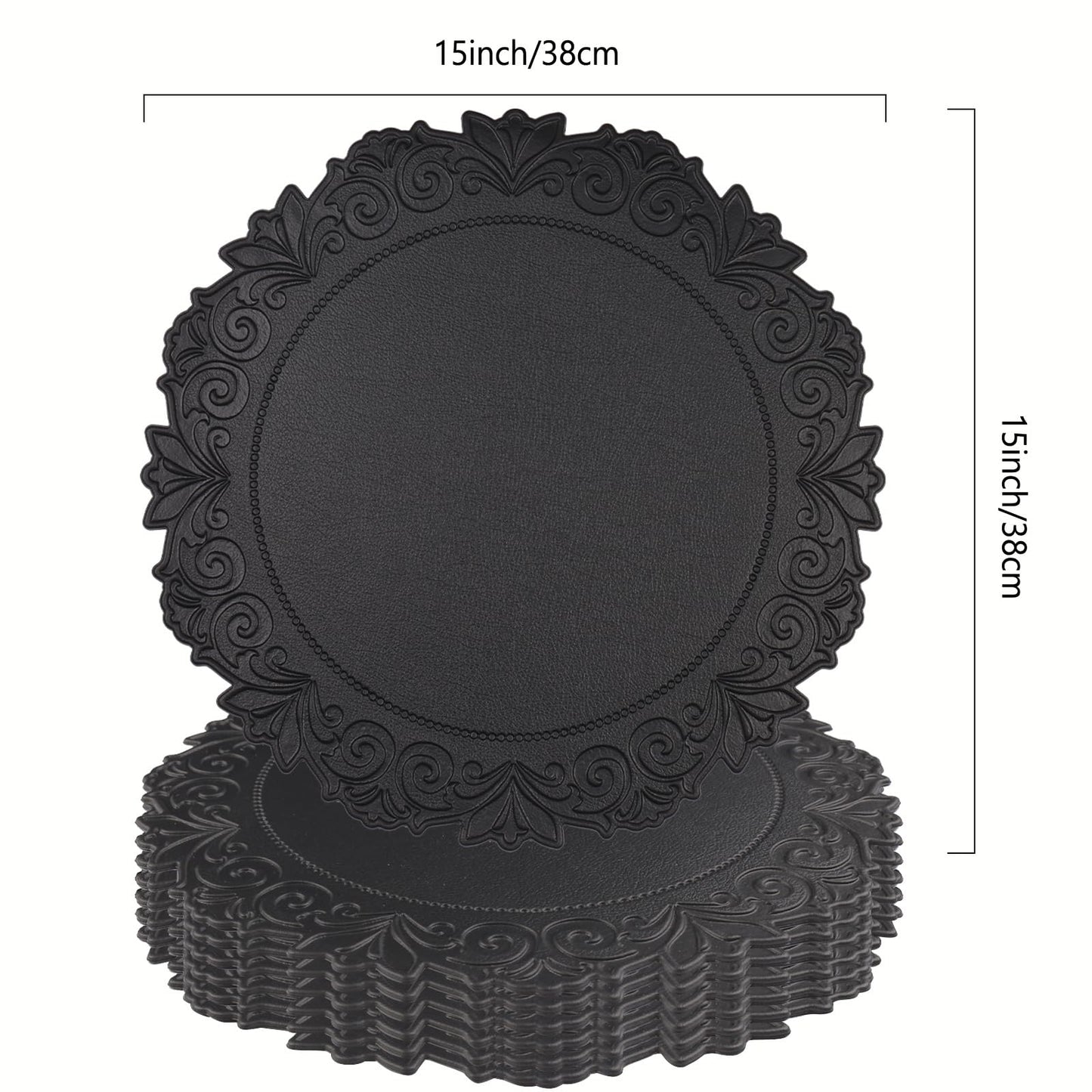 Noctiflorous Round Faux Leather 15 Inch Placemats Set of 6 Waterproof Wipeable Heat Resistant Tablemat for Dining Table Kitchen Non Slip Washable Oilproof Table Place Mat for Indoor Outdoor(Black, 6)