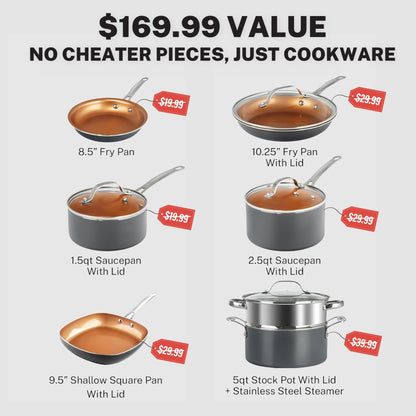 Gotham Steel 12 Pc Ceramic Cookware Set Nonstick, Ceramic Pots and Pans Set Non Stick with Steamer for Cooking, Non Toxic PFOA PFOS Free, Ergonomic Stay Cool Handles, Oven & Dishwasher Safe, Copper