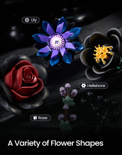 iATOM Halloween Black Burgundy Red Rose Bouquet Building Set, Compatible with Lego Flowers for Adults - Gothic Botanical Collection - Artificial Flowers Home Table Centerpieces Decor - IA1015