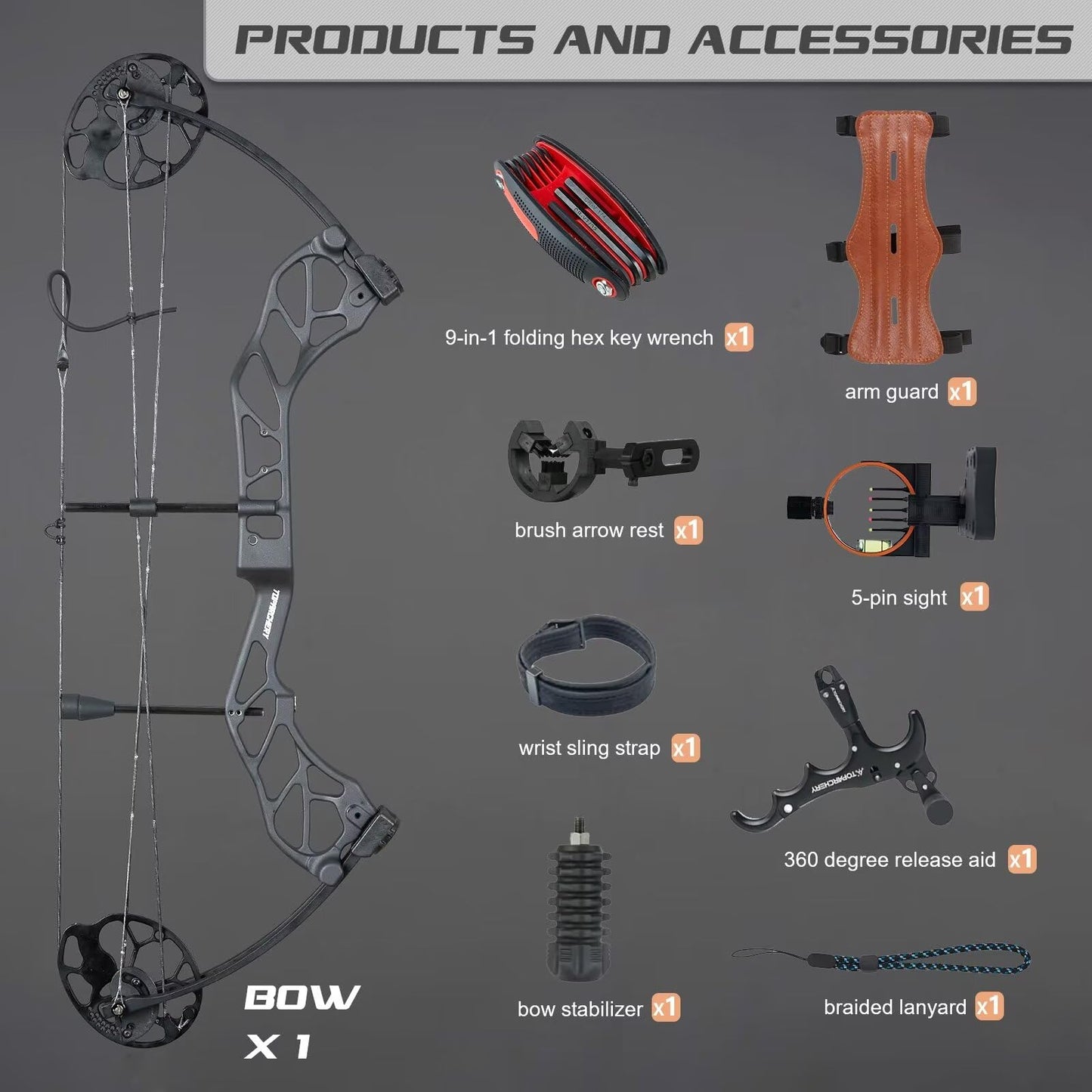TOPARCHERY Compound Bow for Hunting Adults Archery Set - Aluminum Alloy Bow Handle, IBO Arrow Speed 320fps, Pull Distance: 19-30", 0.5 Adjustable