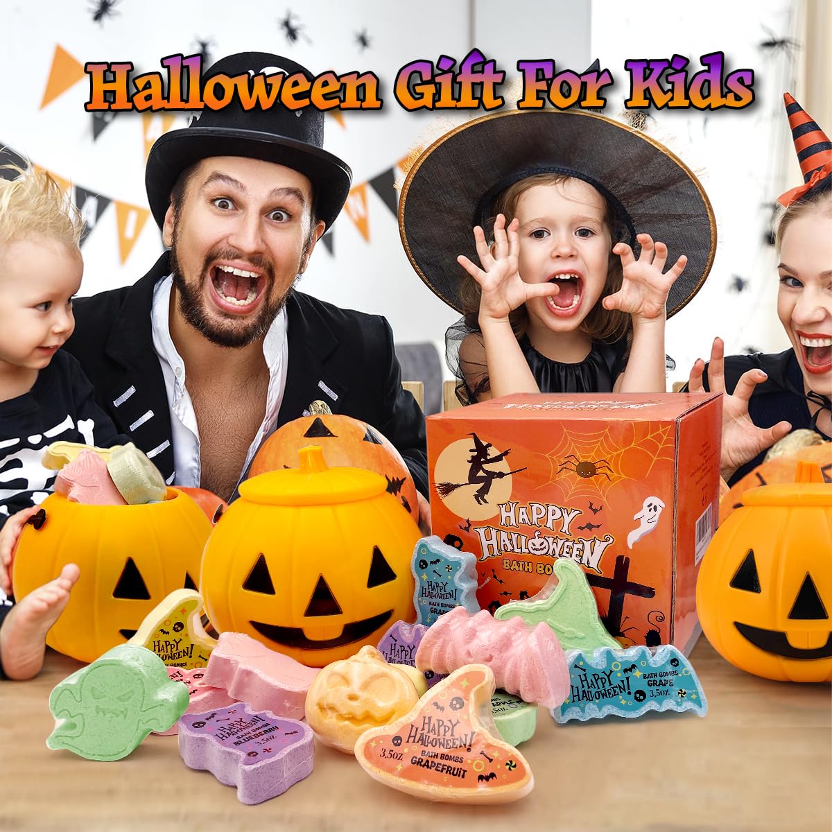 15 Count Halloween Bath Bombs with Pumpkin Bucket, Halloween Spooky Bath Bombs for Kids, Adorable Hallowen Trick o Treat Party Favors for Kids