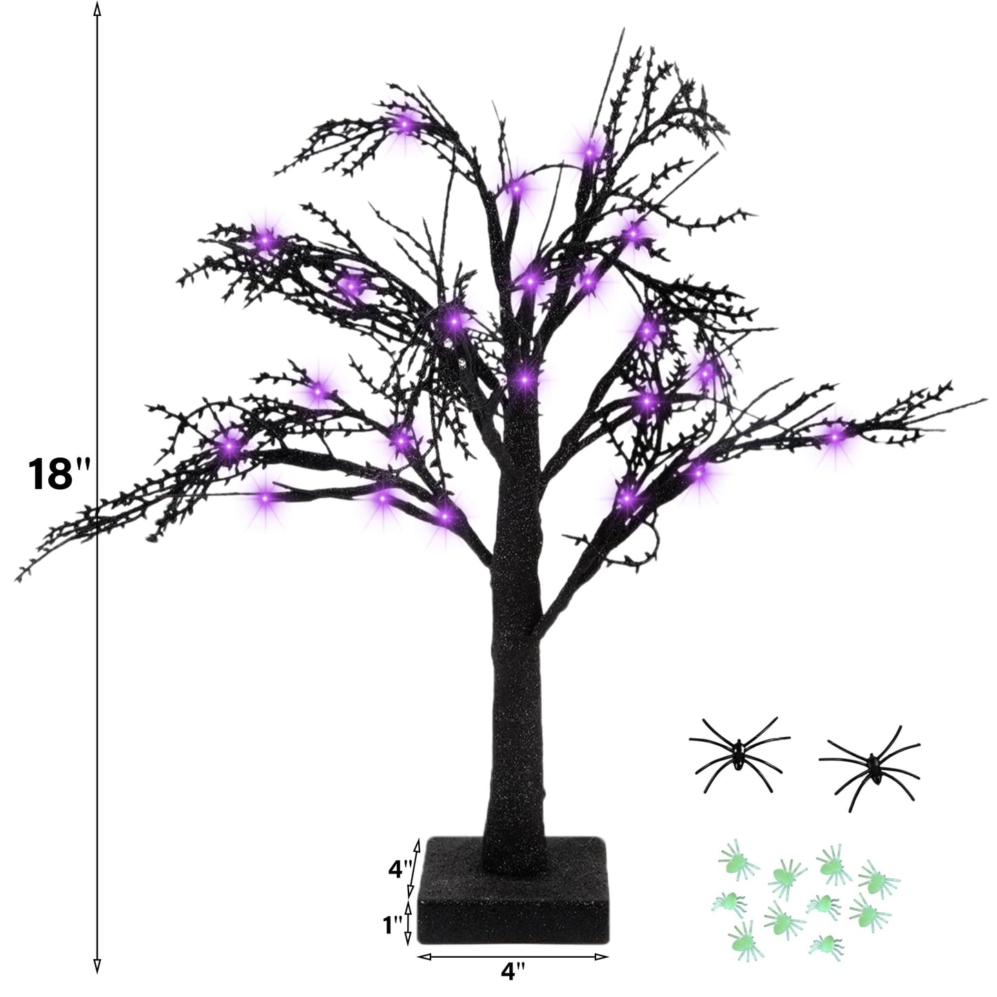 Happy Trees 2 Pcs Halloween Black Spooky Tree with 24 LED Purple Lights, Spider Web and 10 Noctilucent Spiders,18" Artificial Tree Decoration with Timer for Indoor Tabletop Holiday Party