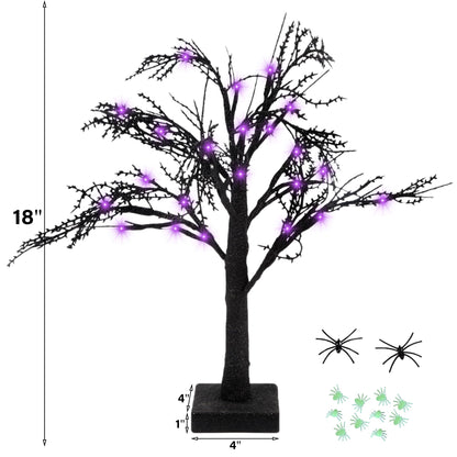 Happy Trees 2 Pcs Halloween Black Spooky Tree with 24 LED Purple Lights, Spider Web and 10 Noctilucent Spiders,18" Artificial Tree Decoration with Timer for Indoor Tabletop Holiday Party