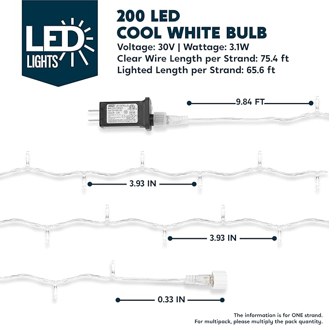 JOYIN 66FT Connectable Christmas String Lights Clear Wire, 8 Modes 200 LED Twinkle Fairy Lights for Indoor Outdoor, Christmas Tree, Classroom, Bedroom, Yard, Patio, Party Decor (Cool White)