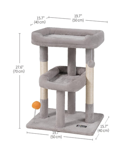 FourFurPets Small Cat Tree, Multi-Level Cat Tree for Indoor Cats, Cat Tower with Scratching Post, Cat Condo for Kittens,Toy Balls, 2 Soft Platform, Light Gray