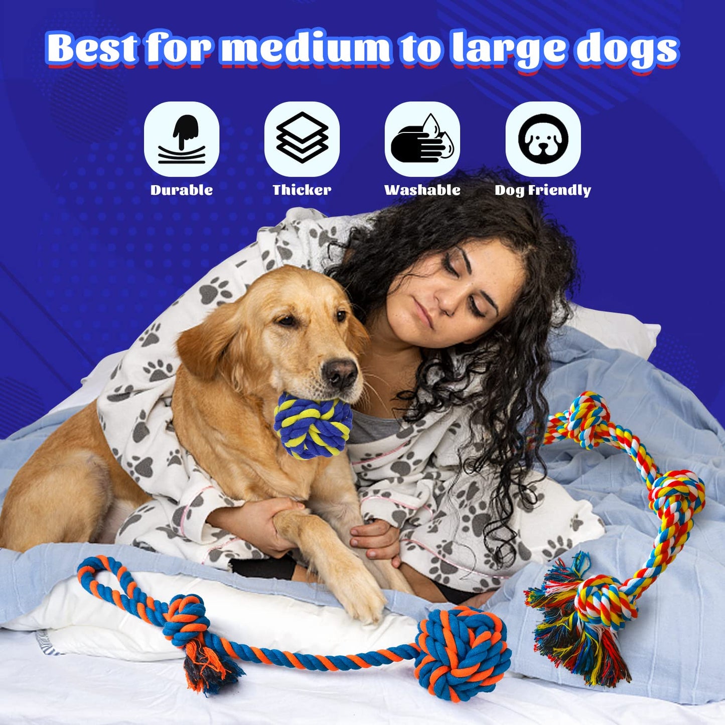 LARGE Dog Rope Toys (Extremely Durable and Strong) For Large And Medium Dog - EXTRA LARGE DOG TOYS For Aggressive CHEWERS - NEARLY INDESTRUCTIBLE - Sturdy Rope - Tug Of War Rope for Teething (5PCS)