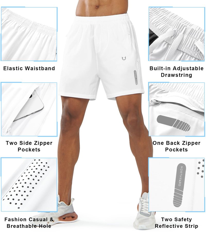 NORTHYARD Men's Athletic Running Shorts Gym Workout 7"/9"/5" Quick Dry Lightweight Sports Basketball Tennis 3 Zipper Pockets WHITE-5inch 3XL