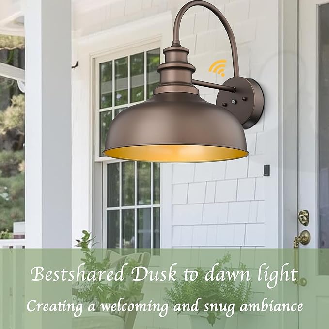 Bestshared 14 Inch Dusk to Dawn Gooseneck Barn Lights Farmhouse Outdoor Wall Sconce Industrial Exterior Wall Lighting Fixture Vintage Porch Lantern Lamp for Patio,Garage,Front Door(ORB+Gold,14"-1Pack)