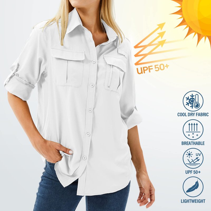 Toumett Women's UPF 50 Long Sleeve UV Sun Protection Safari Shirts Outdoor Quick Dry Fishing Hiking Travel Shirts(White01,M,5071)