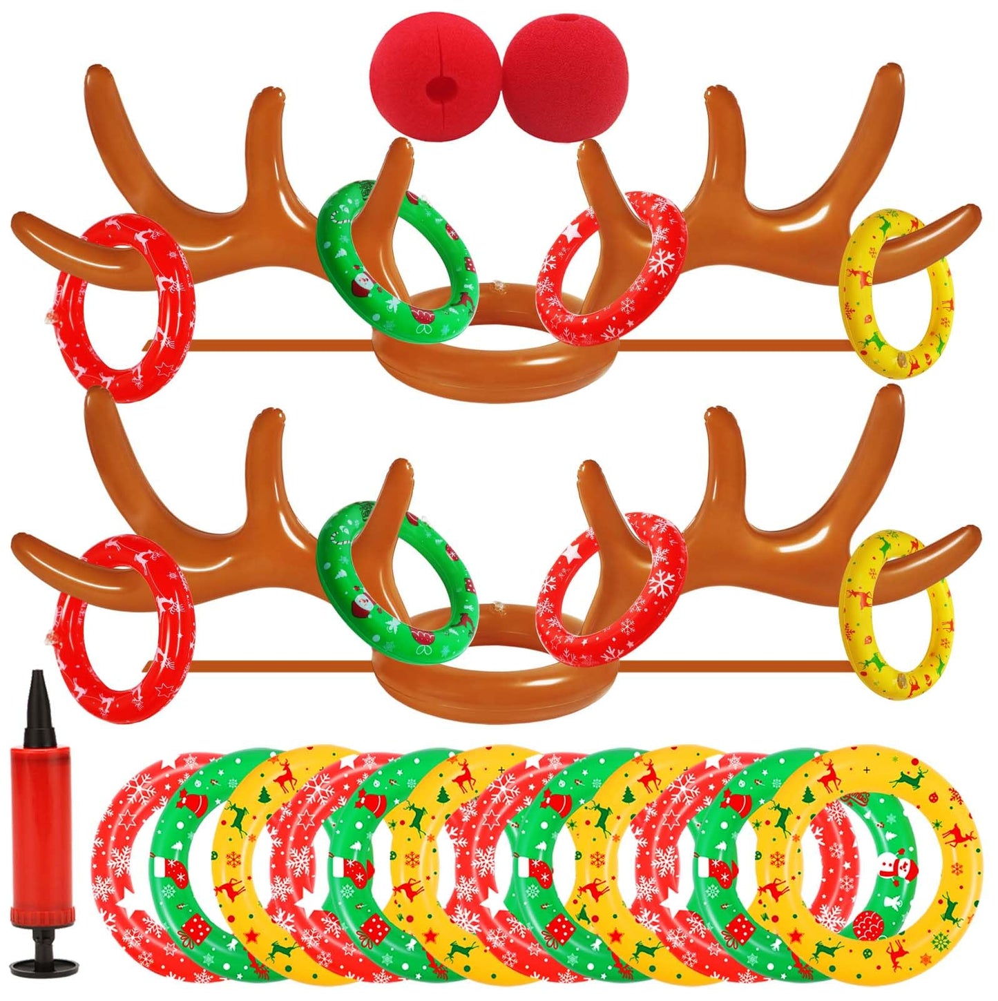 Christmas Inflatable Reindeer Antler Ring Toss Game 2 Sets, 2024 Christmas Games Party Supplies for Family Party (2 Antlers 12 Rings)