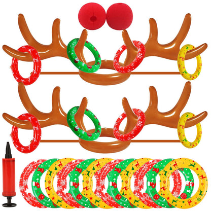 Christmas Inflatable Reindeer Antler Ring Toss Game 2 Sets, 2024 Christmas Games Party Supplies for Family Party (2 Antlers 12 Rings)