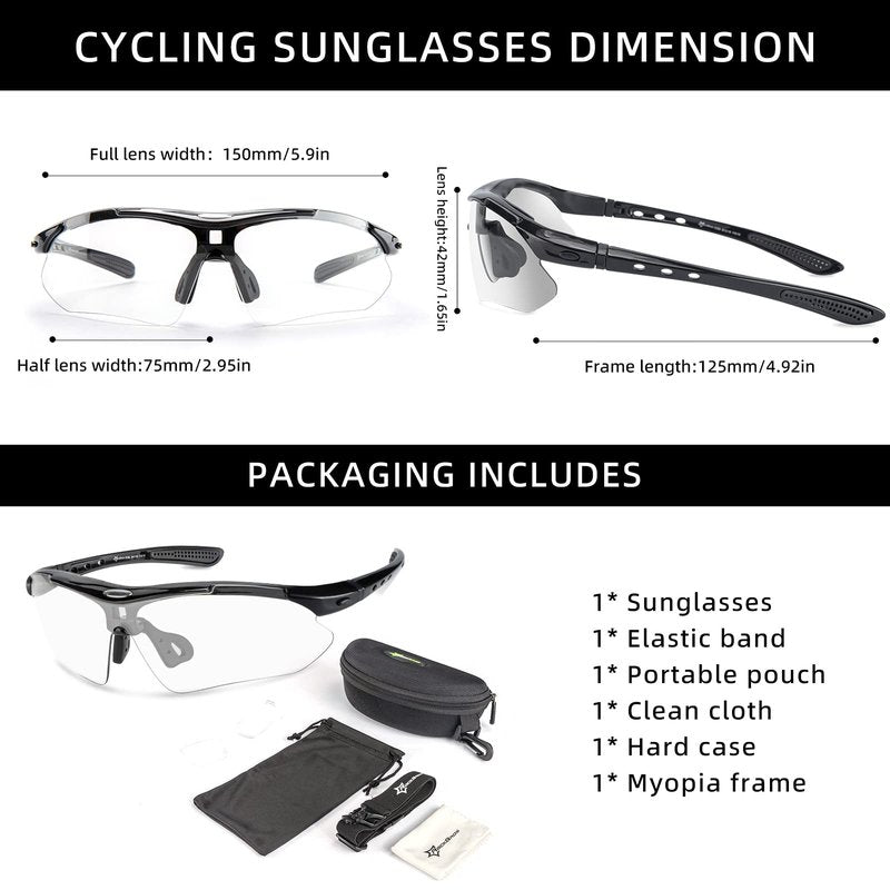 ROCKBROS Photochromic Sports Sunglasses Mens Pickleball Glasses Cycling Glasses MTB Sunglasses, with Removable Elasctic Band