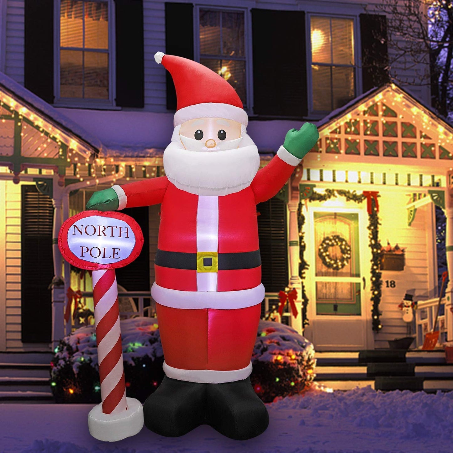 MorTime 8 FT Christmas Inflatable Santa Claus with Guidepost, Blow up Lighted Giant Wave Santa Claus North Pole with LED Lights Yard Decoration Party Display for Xmas Outdoor Decorations