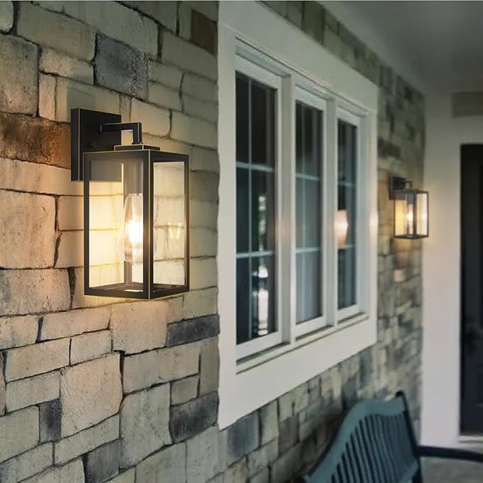 Outdoor Wall Light Fixture, Black Exterior Lantern with Clear Tempered Glass for Front Porch, Gold Trim Design, 2-Pack, E26 Base, Lanterns for Lighting, Lights for Wall mounting