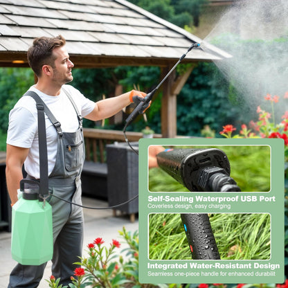 Battery Powered Sprayer 1.35Gallon/5L, 2025 Upgraded Electric Sprayer in Lawn and Garden with 3 Adjustable Force, Battery Indicator, Rechargeable Handle, Telescopic Wand,3 Mist Nozzles,Shoulder Strap