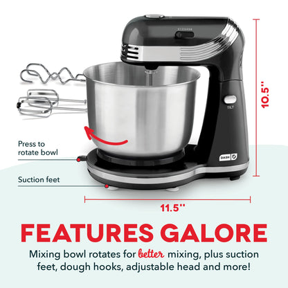 Dash Stand Mixer (Electric Mixer for Everyday Use): 6 Speed Stand Mixer with 3 Quart Stainless Steel Mixing Bowl, Dough Hooks & Mixer Beaters for Dressings, Frosting, Meringues & More - Pink