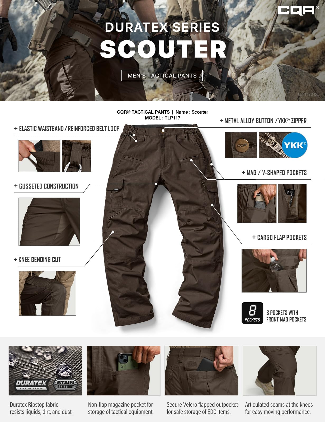 CQR Men's Tactical Pants, Water Resistant Ripstop Cargo Pants, Lightweight EDC Work Hiking Pants, Outdoor Apparel, Raider Dark Brown, 30W x 30L