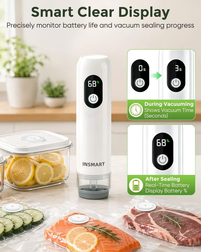 INSMART Compact Vacuum Sealer for Food (Vacuum Sealer Machine + 30 Reusable Vacuum Bags), Powerful Handheld Vacuum Sealer Machine with Visible Water Tank, LED Display & Portable