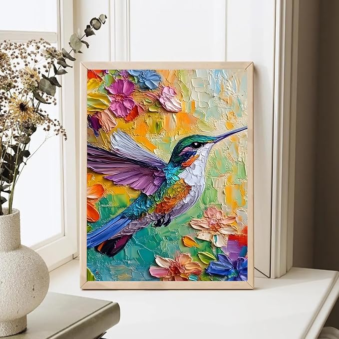 2D No Texture Colorful Painting Hummingbird Canvas Wall Art, Spring Flower Wall Decor, Cute Poster Hummingbird Picture for Wall Living Room Bathroom Bedroom Home Decoration 16*24 in (Poster No Frame)