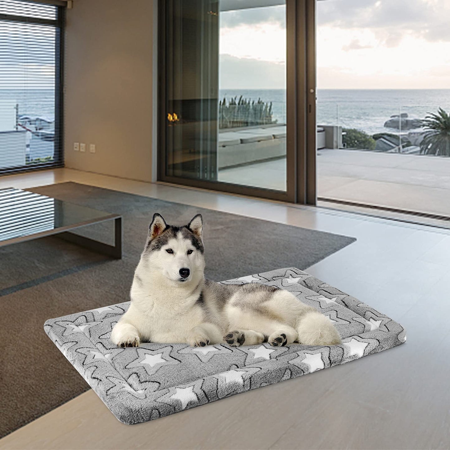 EMPSIGN Dog Bed Mat for Dog Cage (92 * 61 * 2.8cm, Dog Bed Pad Reversible (Cool & Warm), Machine Washable, Pet Sleeping Mat for Medium to Large Dogs, Grey, Star Pattern