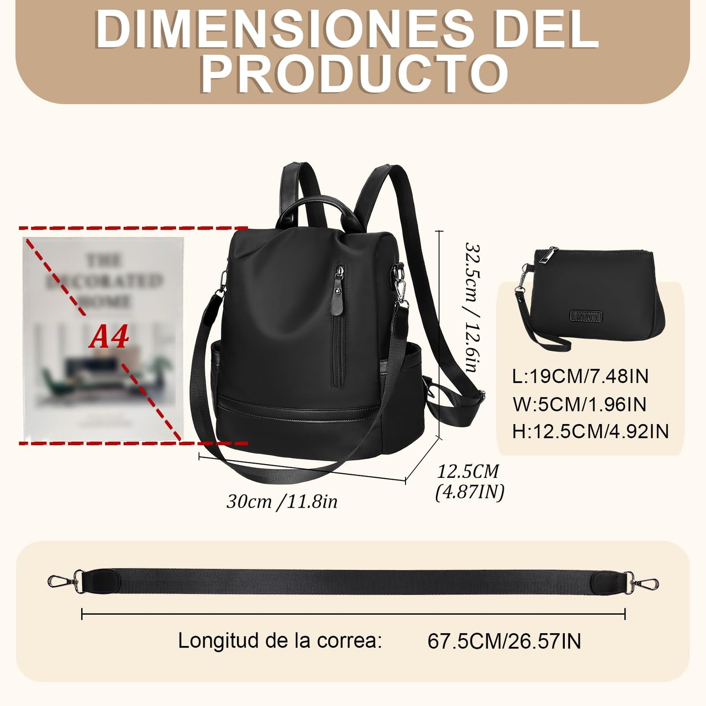 Eshow Backpack Womens Anti Theft with Purse, Ladies Rucksack Fashion, Shoulder Bag Nylon Casual, Small Daypack Handbag for Girls Daily Travel School Work Black