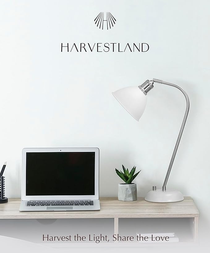 HarvestLand Halo Silver White Adjustable Desk Lamp – Reading Lamp, Pharmacy Style Metal Desk Lamp, Industrial Table Lamp with Solid Base for Bedside Table, Task Lamp Home Office