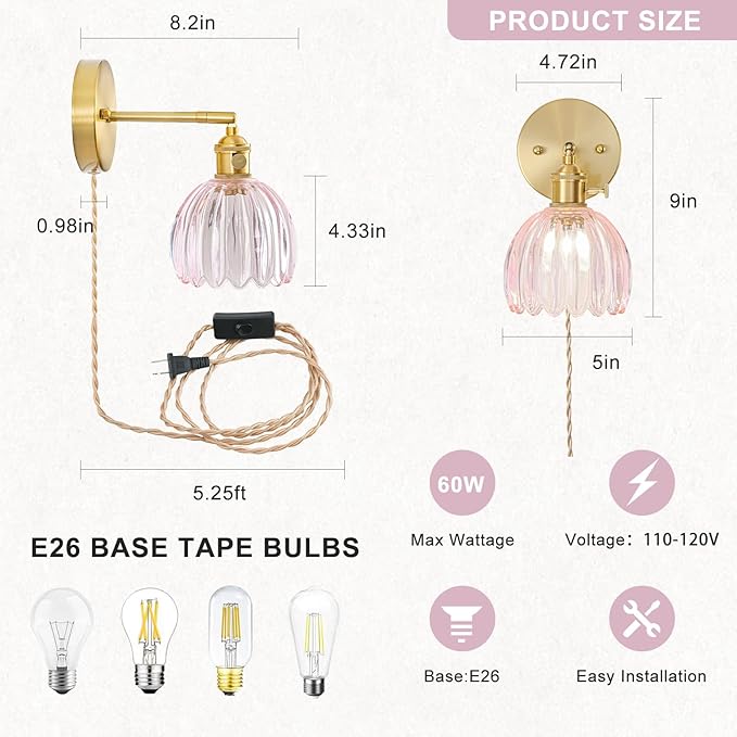 Plug in Wall Sconces Set of 2, Vintage Wall Sconce Light with Tulip Pink Glass Lampshade, 180° Adjustable Wall Sconce with Switch and Plug in wall lamp Cord, Gold Wall Light Wall Decor Set of 2