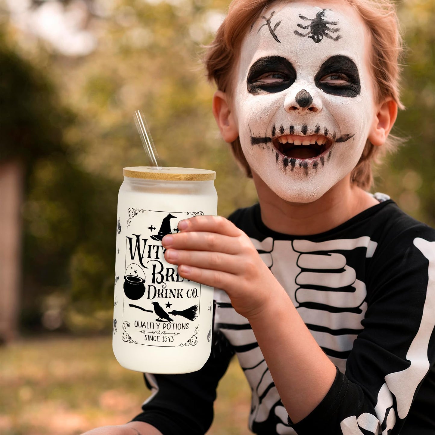 Joyseller Halloween Glass Cup, 18oz Frosted Witch Iced Coffee Can Cup Tumbler with Lid and Straw, Witch Tumbler Beer Can Glass, Halloween Gifts Decorations