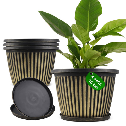 Large-Planter-Indoor-Outdoor Plant Pots, 16 inch 4 Pack Plastic Flower Pots with Saucer And Drainage Holes, Modern Garden Planters For Planting Medium Large Plants， Decorative Resin Garden Pots