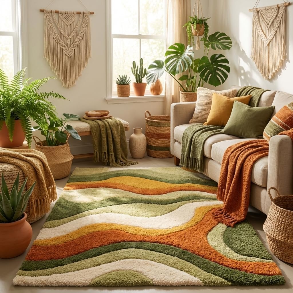 Hand Tufted Abstract Area Rug Wool Modern Wavy Pattern Carpet in Rust Orange Olive Green Cream for Living Room Bedroom Boho Decor Soft Plush Handmade Contemporary Floor Rug (2x2 ft / 60x60 cm)