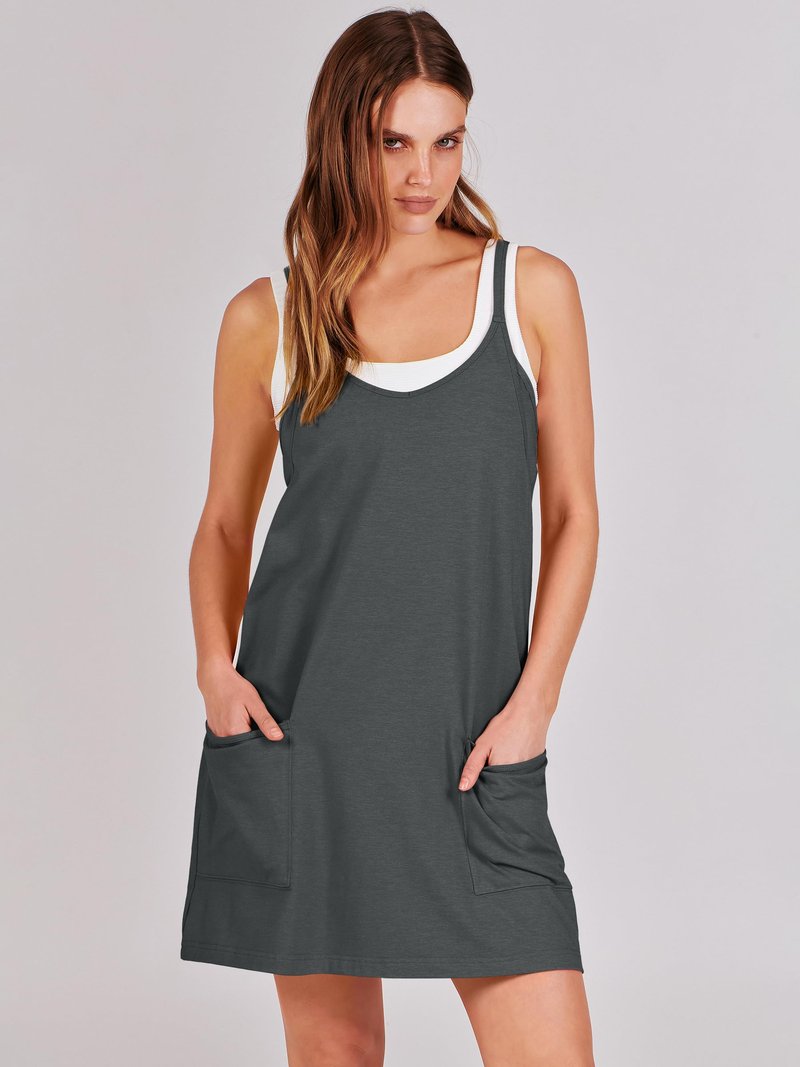 ANRABESS Women Athletic Dress Summer Tennis Workout Active Sports Mini Romper Dress Built in Shorts Travel Vacation Clothes Deep Gray Medium