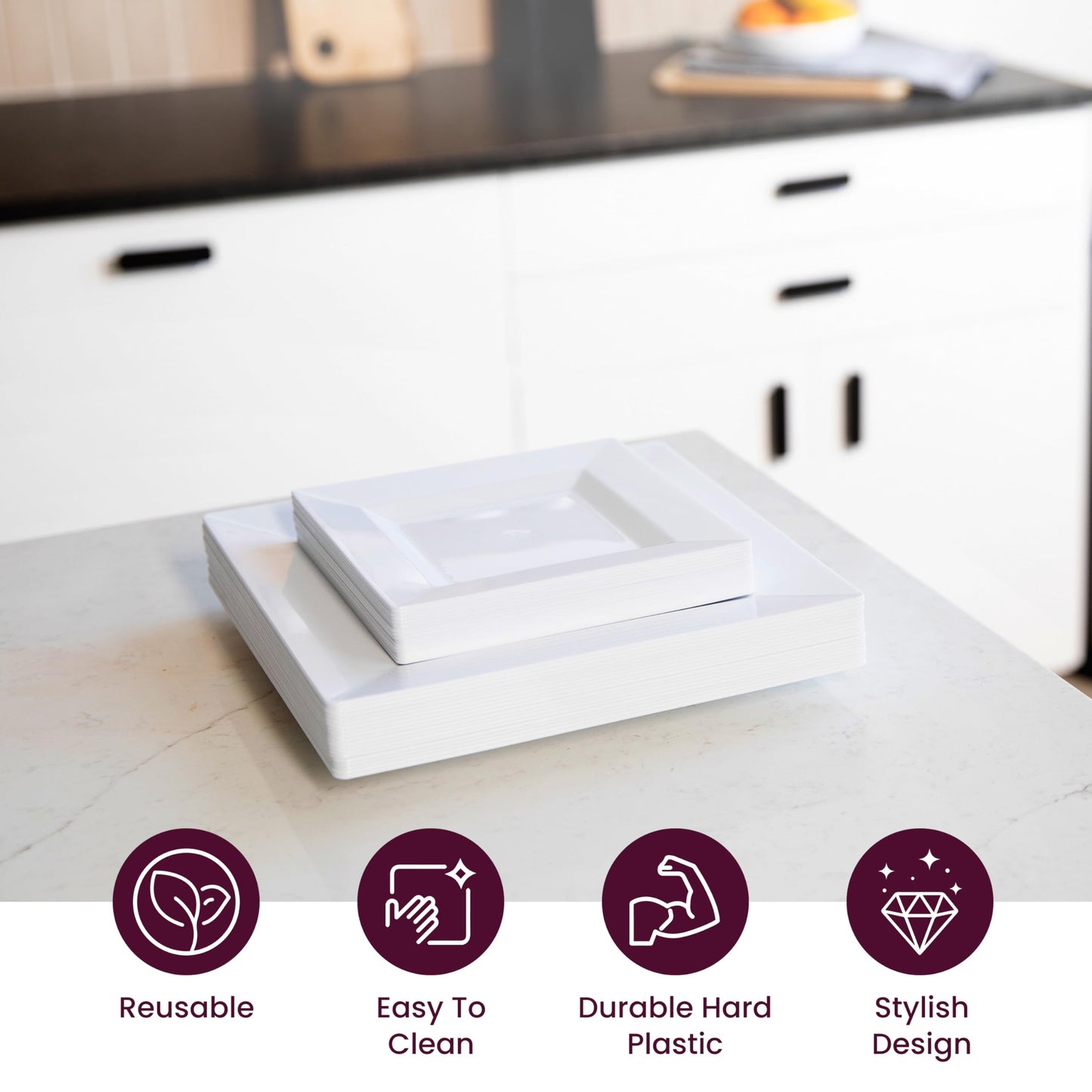 Aya's 60ct White Square Disposable Plates - Heavy Duty Plastic Party Plates for Christmas, Thanksgiving (30 Dinner & 30 Salad)