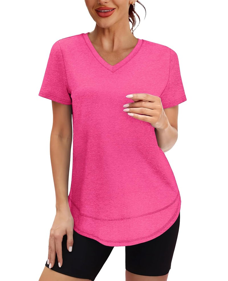 Oversized Tshirts for Women Dry Fit Plus Size Spring Clothes Summer Athletic Tops Workout Shirts V Neck Hot Pink 3XL