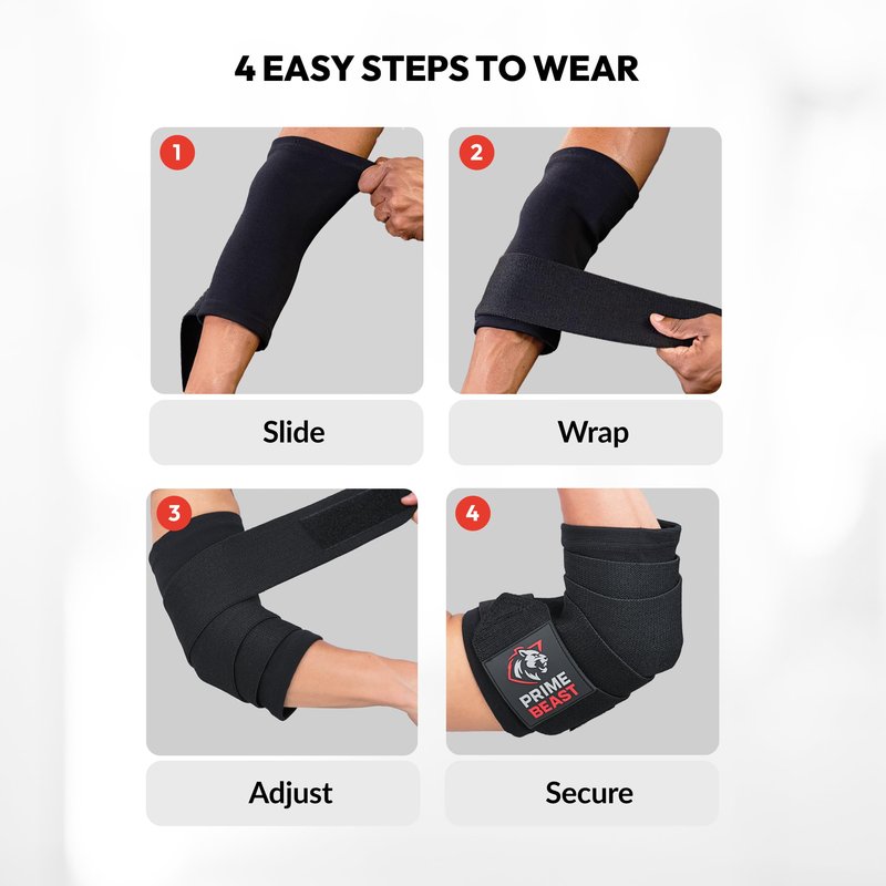 Prime Beast Hybrid Elbow Wraps for Weightlifting, Compression Sleeve and Adjustable Wrap Support for Bench Press, Powerlifting, and Gym Training (1 Pair) (Black, Medium)