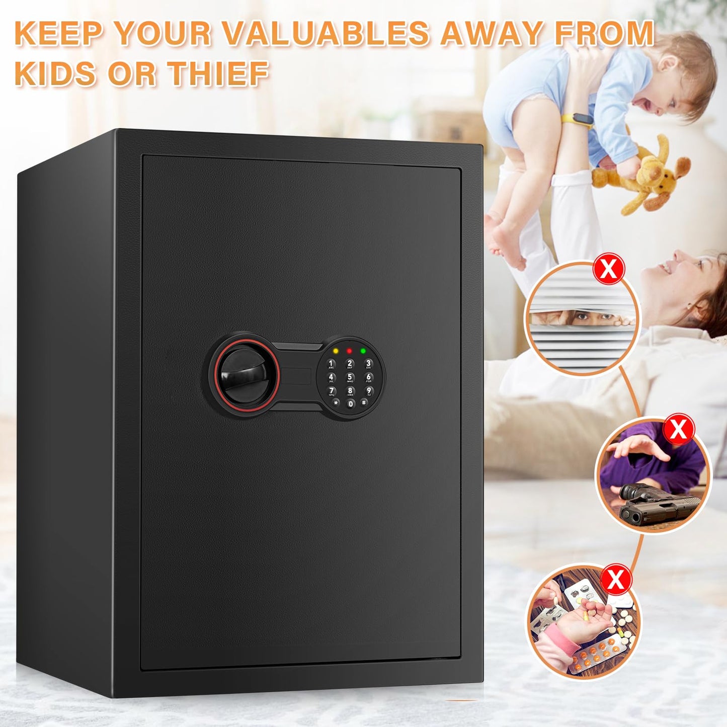 3.3 Cub Large Home Safe Fireproof Waterproof, Anti-theft Fireproof Safe Box with Programmable Keypad, Spare Keys and Removable Shelf, Digital Security Safe for Home Money Firearm Documents Medicines