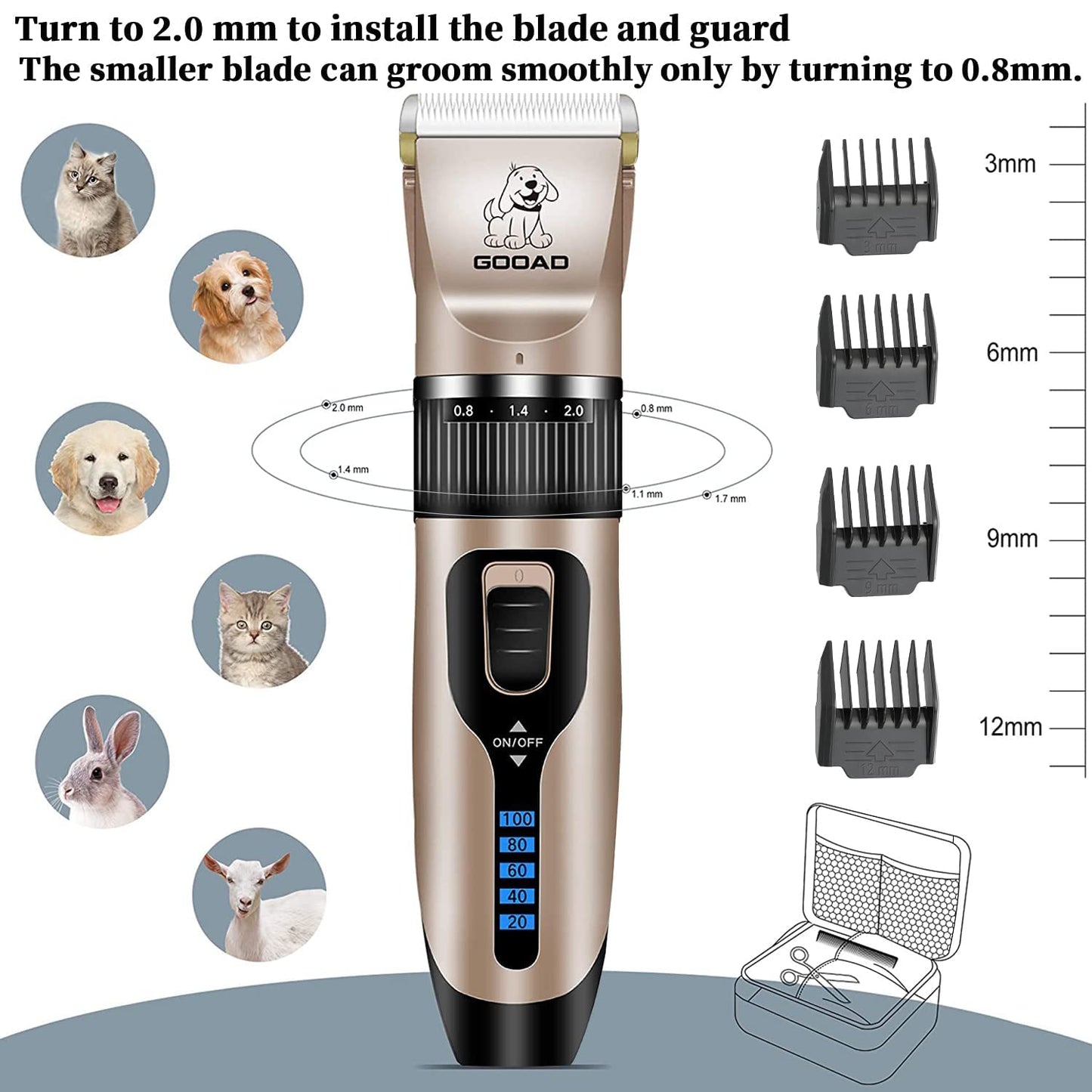 Gooad Dog Clippers Grooming Kit and Paw Trimmer,Cordless,Low Noise, Electric Quiet,Rechargeable, Dog Trimmer Grooming Tool, Pet Hair Clippers for Thick Coats,Shaver for Small and Large Dogs&Cats