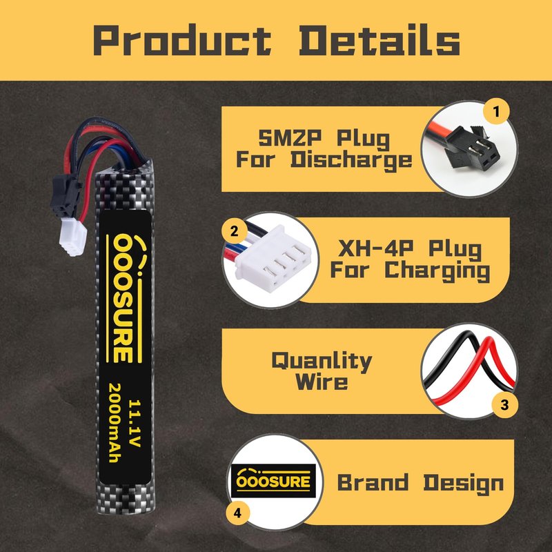 OooSure 2000mah 11.1V 3S Airsoft Battery with SM2P to XT30 / Mini Tamiya Switch Cable for RC Toy