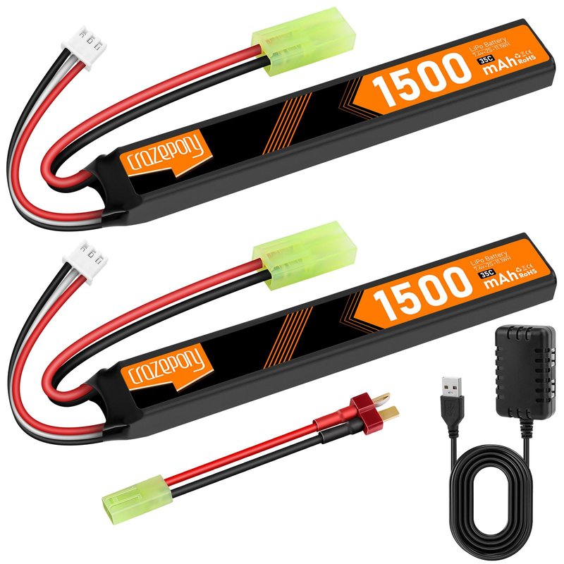 Crazepony 7.4V Rechargeable Airsoft Battery, 2S LiPo Battery 1500mAh 35C High Discharge Rate Lipo Pack with Mini Tamiya Plug for Airsoft Model Guns Rifle