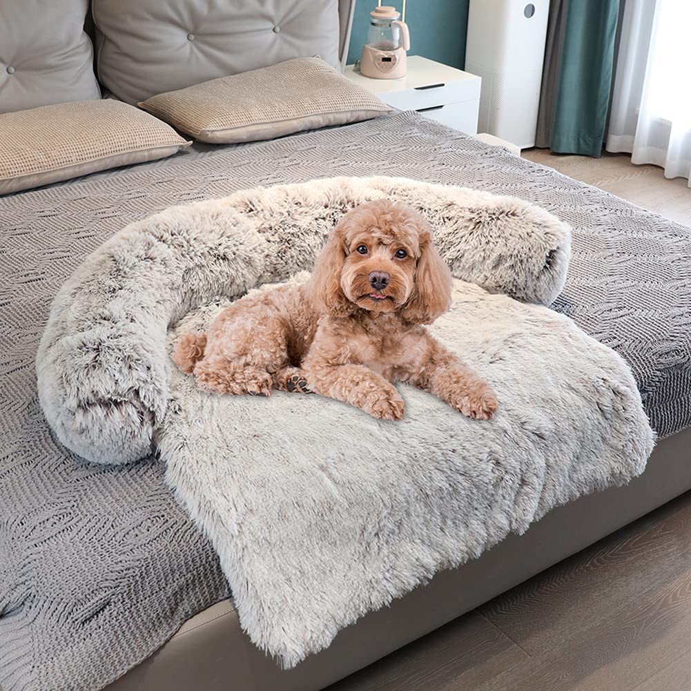 Dekeyoo Waterproof Calming Dog Bed, Pet Couch Protector Plush Dog Mat Dog Sofa, Pet Furniture Cover with Soft Neck Bolster, Machine Washable Silver Gray Large