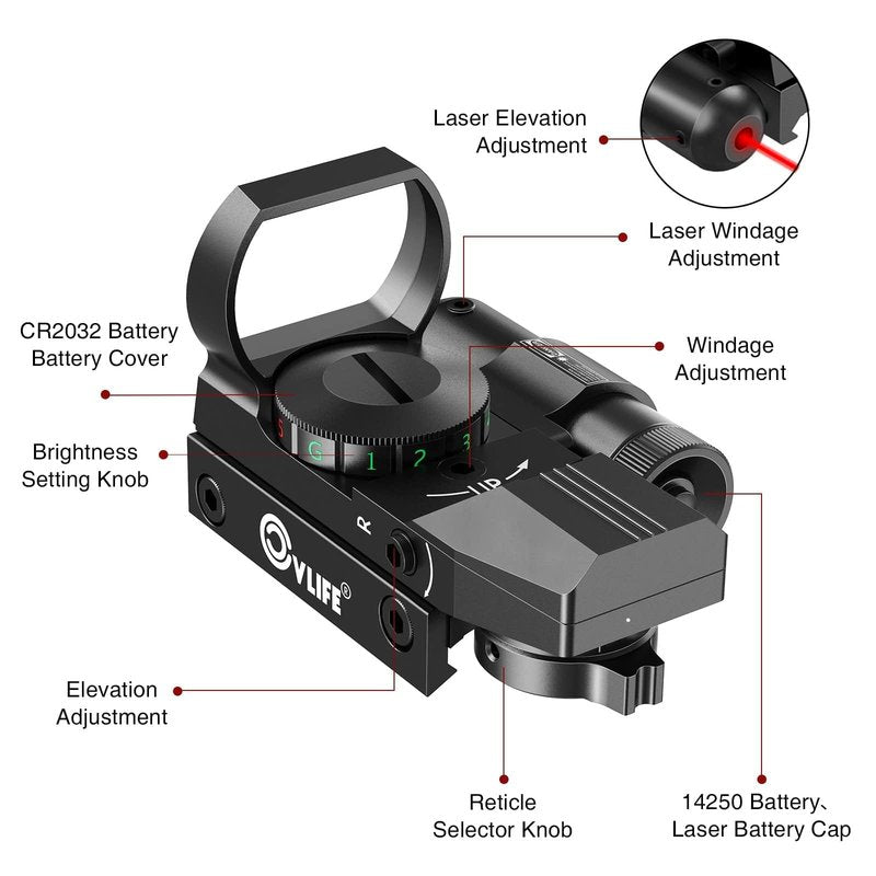 CVLIFE 1X22X33 Reflex Sight Red Dot Sight Red Green 4 Reticle Optics with Laser and Pressure Pad Switch for 20mm Rail