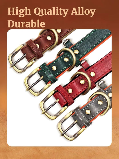 SEOUGEE Genuine Leather Dog Collar Personalised, Soft Padded Leather Dog Collars Heavy Duty with Custom Engraved Name Plate Adjustable for Small Medium Large Dogs (L, Green 35-45cm)
