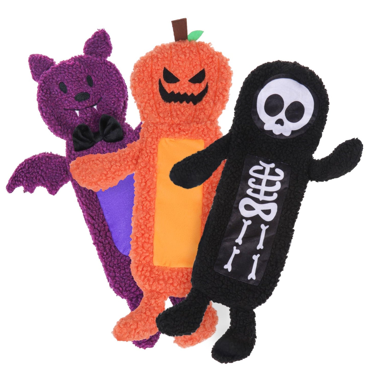 SCENEREAL Stuffless Halloween Dog Squeaky Toys for Small Medium Dogs, Crinkle Puppy Chew Toy, 3 Pack Cute Animals Shape Soft Pet Plush Teething Toys(Skeleton & Pumpkin & Bat)