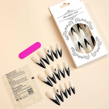 MABKJLF Halloween Press On Nails - Long Stiletto French Tip Fake Nails, Black Blood Gradient, Moon Designs, Glossy Glue On Artificial Nails, 24 Pcs