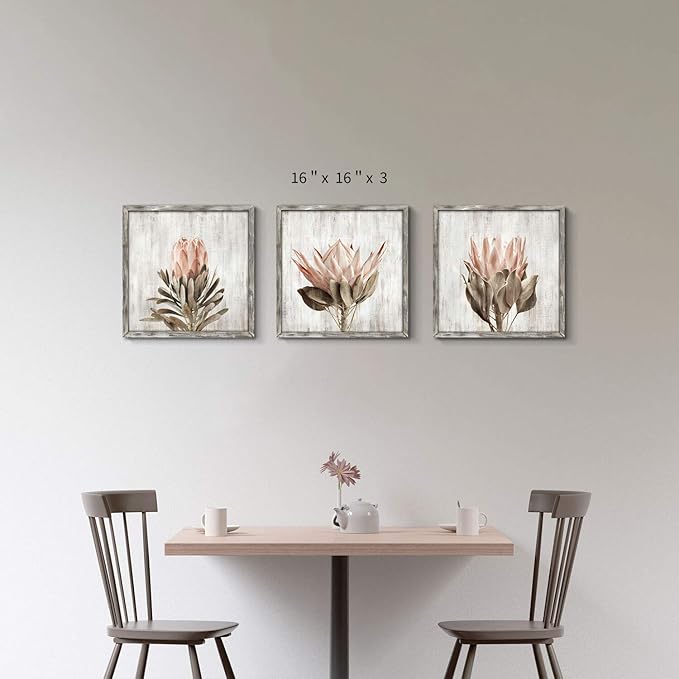 Pink Floral Wall Art Picture: Blossom Protea Flower Artwork Print on Rustic Wood Framed for Home Decor (16” x 16” x 3 Panels)