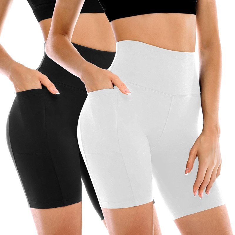 Leafigure 2 Pack Womens Biker Shorts with Pockets, High Waisted Tummy Control Yoga Shorts for Women Running Gym and Workout Black/White S-M