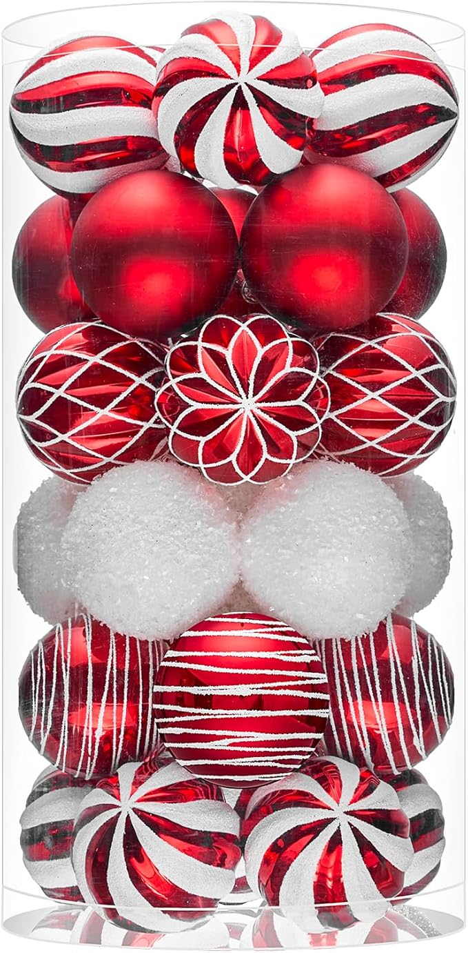 JORNOY Christmas Balls Ornaments, 30ct Shatterproof Xmas Tree Decorations, Hanging Bulbs Baubles Set with String for Holiday Home Party Decor, 2.36 inch/60mm, Red&White