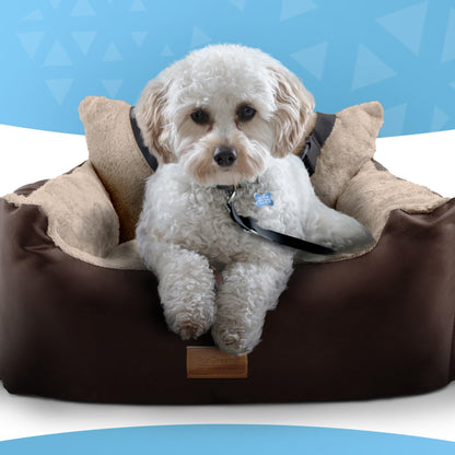 Furdreams Dog Car Seat (Brown/Beige - 20kg), Plush & Cosy Pet Car Booster Seat for Small Dogs & Cats with Storage Pocket, Car Dog Bed with Safety Leash, Waterproof Liner & Non-Slip Base,Dog Travel Bed